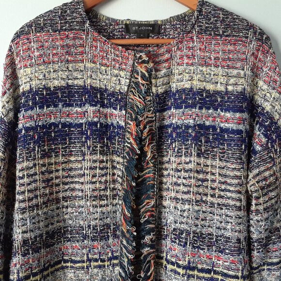 St. John Metallic Tweed Fringe Jacket Size 14 - Picture 4 of 13